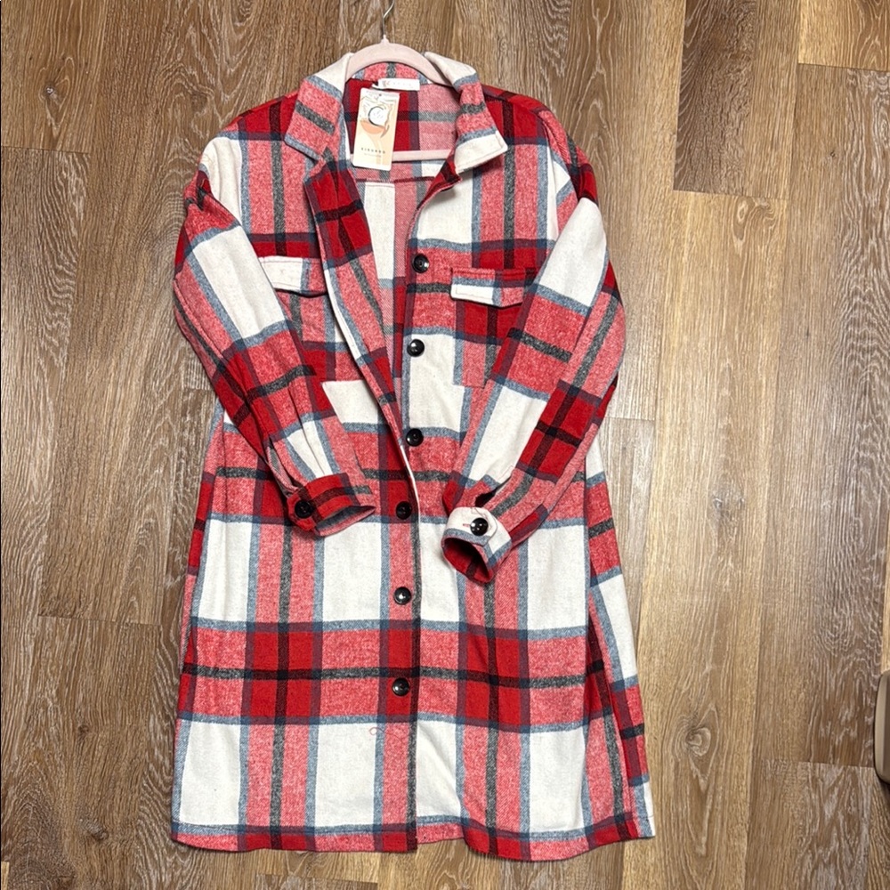 Red and White Trench Coat with Classic Plaid Design